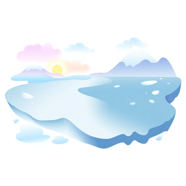 A vast polar landscape is depicted, with one side bathed in the warm glow of the "midnight sun," casting long, soft shadows across the pristine white snow. On this side, the light creates a gradient of warm pastel colors in the sky, transitioning from soft oranges and pinks to pale yellows. In contrast, the other side is enveloped in "polar night," featuring deep blues and purples, with the snow reflecting the cool tones of the shadows. There are ice formations and gently rolling hills throughout the scene, creating a stark yet harmonious division between the two contrasting light conditions. A few scattered, small icebergs are visible in the distance, enhancing the tranquil isolation of the landscape.