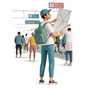 A tourist, wearing a blue baseball cap, a green backpack, and comfortable walking shoes, stands on a bustling metro platform. They are holding a large, unfolded map in one hand while glancing up at the colorful metro line signs above. The signs display various routes in bright colors, and the tourist's brow is slightly furrowed in concentration. Around them, other travelers are moving about, creating a lively atmosphere. The lighting is bright, indicative of a busy urban environment.