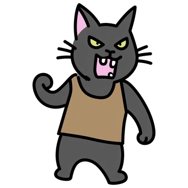 A fierce cat, with a sleek black fur coat and sharp green eyes, is in a battle stance. It is wearing a brown leather vest that fits snugly around its body. The cat is baring its teeth, growling with determination, showcasing its sharp fangs. Its ears are perked up and slightly angled forward, emphasizing its alertness and readiness for confrontation. The background is minimalistic, focusing solely on the cat's intense expression and poised stance.