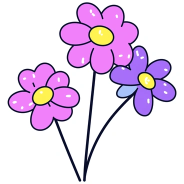 A cluster of morning-blooming flowers with vibrant petals in shades of pink, purple, and yellow. Each petal is adorned with glistening dew drops that catch the light, creating small sparkling reflections. The flowers are arranged close together, showcasing their delicate shapes and rich colors against a simple, unobtrusive background.