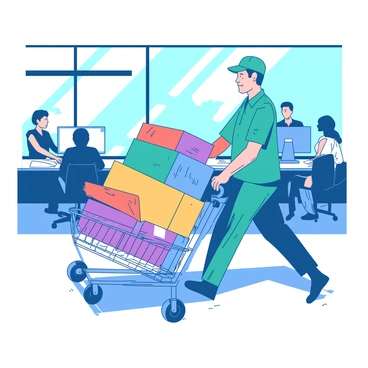 A teal courier in a blue uniform is pushing a metallic trolley filled with various colorful packages inside a bustling office building. The trolley is stacked with cardboard boxes of different sizes, some with labels attached. In the background, several office workers are engaged in conversations, with desks and computers visible around them. Large windows allow natural light to flood the space, illuminating the busy atmosphere of the office.
