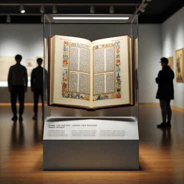 The Gutenberg Bible is opened to a page showcasing intricate, colorful illustrations and ornate lettering. The book is displayed on a glass pedestal with a subtle spotlight highlighting its details. Surrounding the pedestal, sleek modern exhibit signage provides context, with a clean, minimalist design. The walls of the museum are lined with soft gray panels, and the floor is polished wood, creating a contemporary atmosphere. Visitors can be seen in the background, admiring the historic text through the glass barrier that protects it.