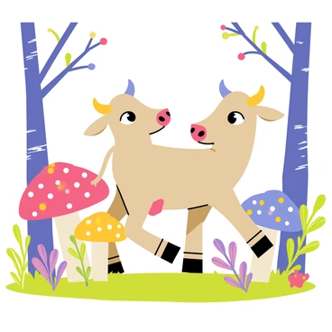 A two-headed calf with a light brown coat is wandering through a magical forest. The calf has large, curious eyes, and each head is looking in a different direction. Surrounding the calf are vibrant, oversized mushrooms in various colors, including red, blue, and yellow, with polka dots and stripes. Glowing plants with luminescent leaves illuminate the scene, adding hints of green and purple to the environment. The ground is covered in soft, lush grass, and the background features tall, whimsical trees with twisting trunks and colorful foliage.