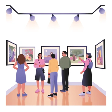 A digital flat illustration of an art gallery with high ceilings and white walls, showcasing several framed illustrations under bright spotlights. Each frame contains colorful artwork, varying in style and theme. Visitors are scattered throughout the gallery, with a group of three people in the foreground: one woman with curly brown hair in a blue dress admiring a painting, a man with glasses and a beard discussing with another visitor, who is a young woman with straight black hair and a yellow top, pointing at a piece on the wall. The wooden floor reflects the light from the spotlights, enhancing the vibrant atmosphere of the gallery.