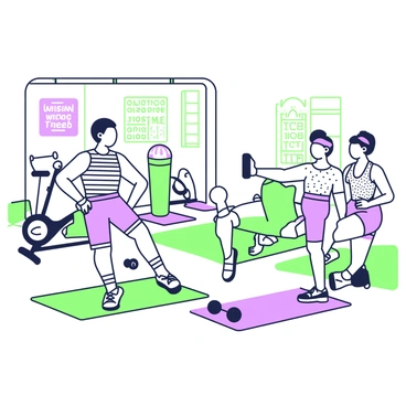 A retro-themed gym is filled with people in vintage attire. Several individuals are on exercise mats performing flutter kicks. One person, a man wearing a sleeveless striped shirt and high-waisted shorts, demonstrates the exercise with focused determination. Next to him, a woman in a polka dot workout outfit with a headband follows suit, her feet kicking rhythmically in the air. The gym features vintage workout equipment, such as wooden weights and a classic exercise bicycle in the corner. The walls are adorned with posters of retro fitness slogans, enhancing the nostalgic atmosphere.