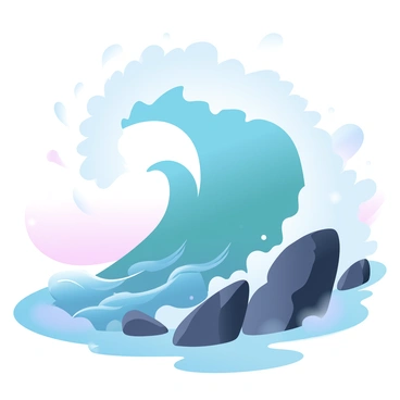 A giant ocean wave is crashing against a rugged, unyielding rock formation. The wave towers majestically, with foamy white spray flying off its crest as it impacts the rocky surface below. The rocks appear dark and jagged, contrasting sharply with the vibrant, swirling blues and greens of the ocean water. The scene captures the dynamic interplay between the powerful wave and the steadfast rocks, emphasizing the relentless force of nature. In the background, there is a subtle gradient of pastel colors blending into the sky, enhancing the dramatic effect of the crashing wave.