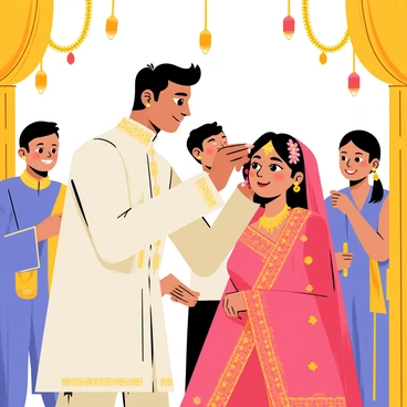 An Indian groom wearing a traditional cream-colored sherwani with intricate gold embroidery is applying "sindoor" to the bride's forehead during the wedding ceremony. The bride, adorned in a vibrant red lehenga with detailed gold patterns, has her hair beautifully decorated with flowers. The atmosphere is filled with colorful decorations, including marigold garlands and lanterns. Family members and friends are gathered around, looking on with joyful expressions. The groom has a gentle smile as he carefully places the "sindoor" in her hair parting, symbolizing their union.