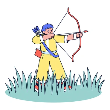 An archer standing in a field of tall grass, holding a bow drawn back. The archer is wearing a simple outfit suitable for outdoor activities, with a quiver filled with arrows slung over one shoulder. The grass around the archer is lush and swaying gently in the breeze. The archer's gaze is focused ahead, aiming intently at a distant target. The sun casts soft shadows on the ground, highlighting the texture of the grass and the features of the archer.