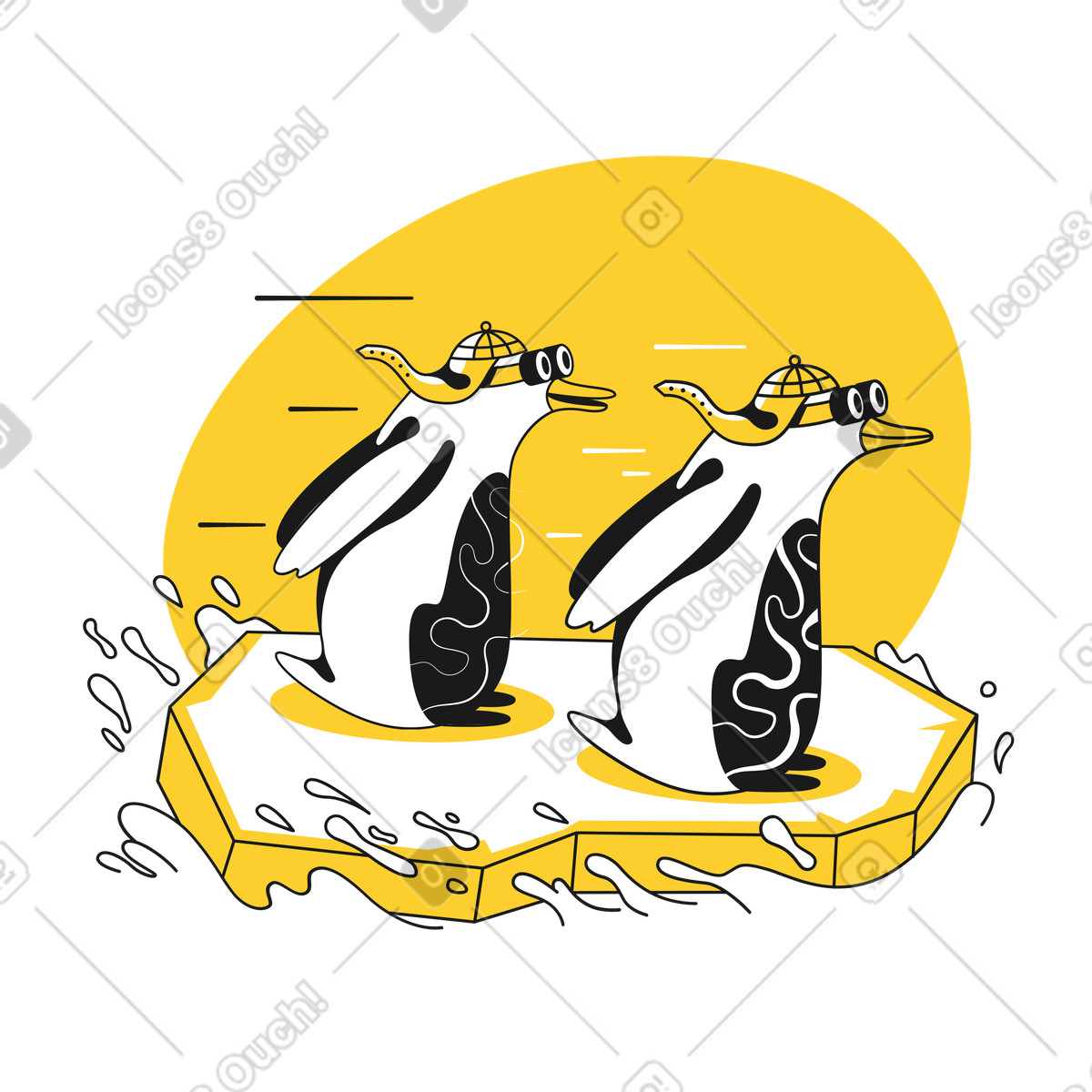 Penguins riding on an ice floe animated illustration in Taxi style download in GIF, Lottie (JSON), AE