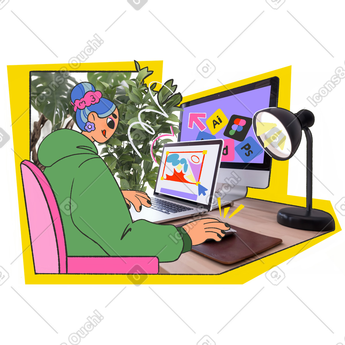 Designer creating digital content, Freelance workspace or remote graphic design work illustration in Experimental style download in PNG, SVG