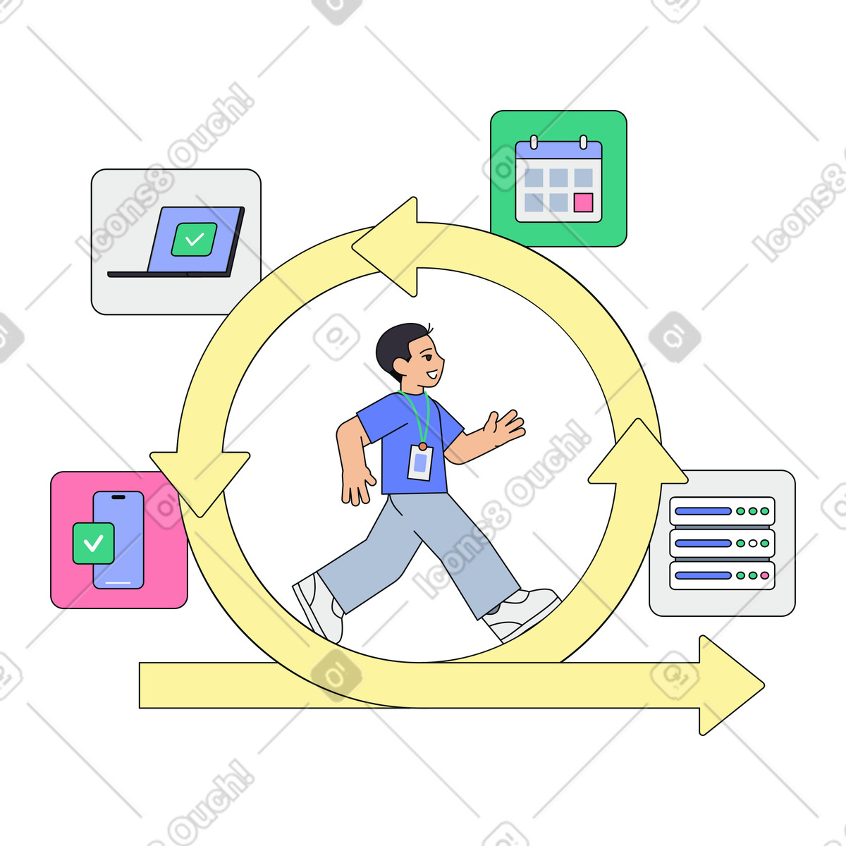 Developer in Agile Deployment Loop,Team-driven rapid deployment process,Engineer walking through agile sprint illustration in PNG, SVG