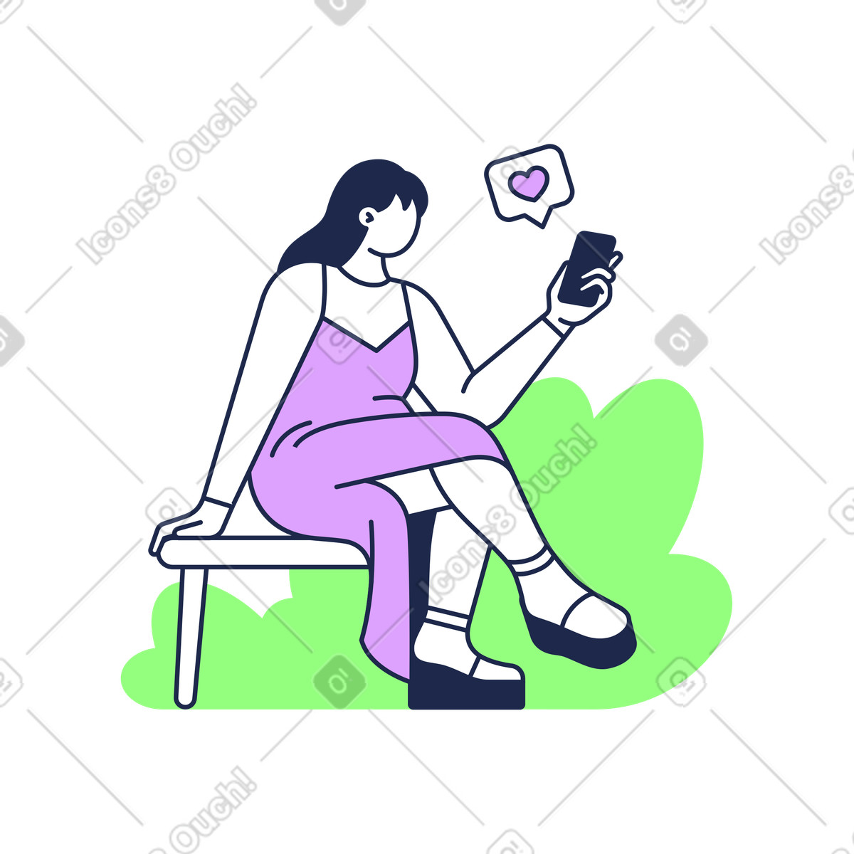 Smartphone user sitting on bench and texting, mobile chat leisure illustration in Outline style download in PNG, SVG