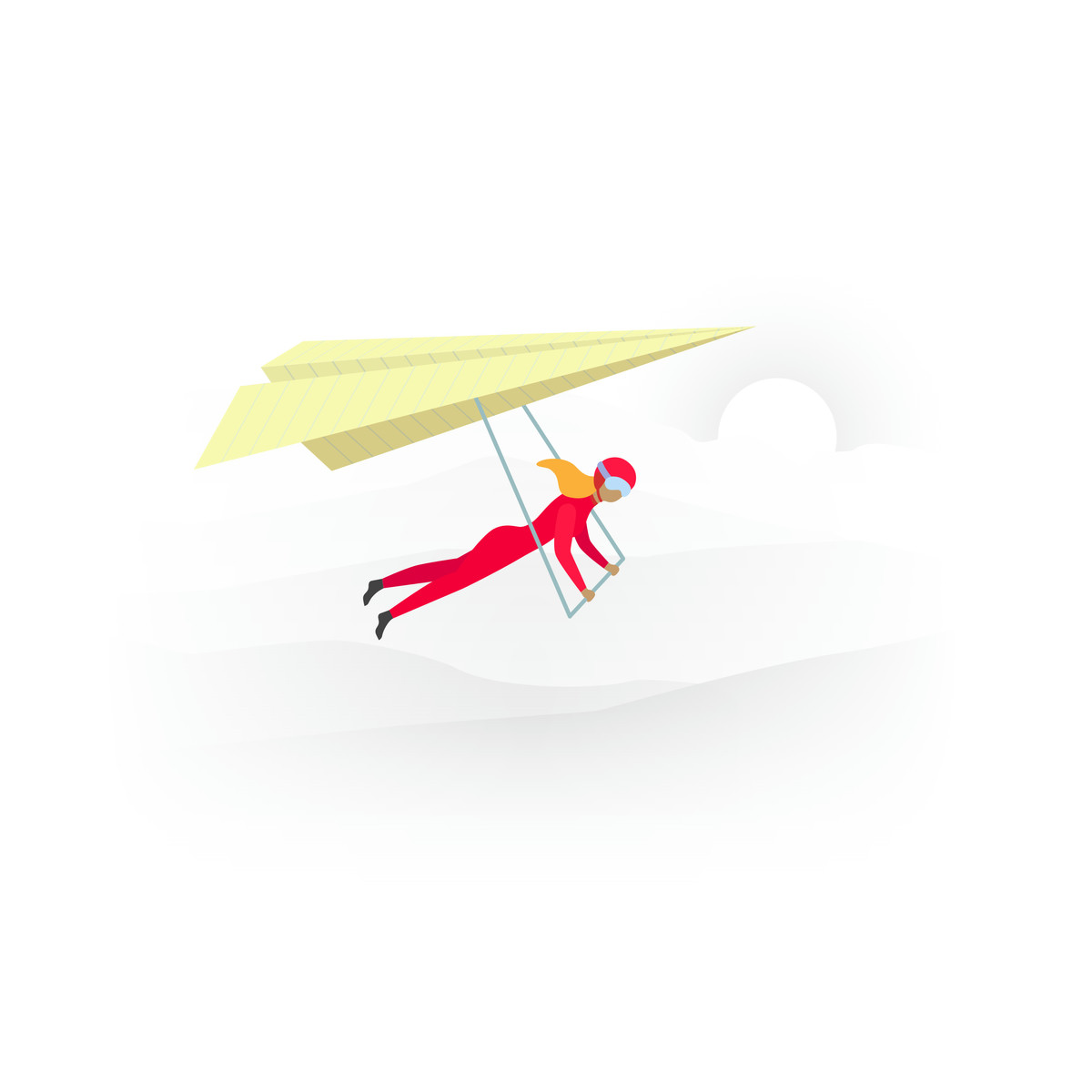 Flying with paper plane hang glider over clouds, Message delivery metaphor illustration in Fogg style download in PNG, SVG