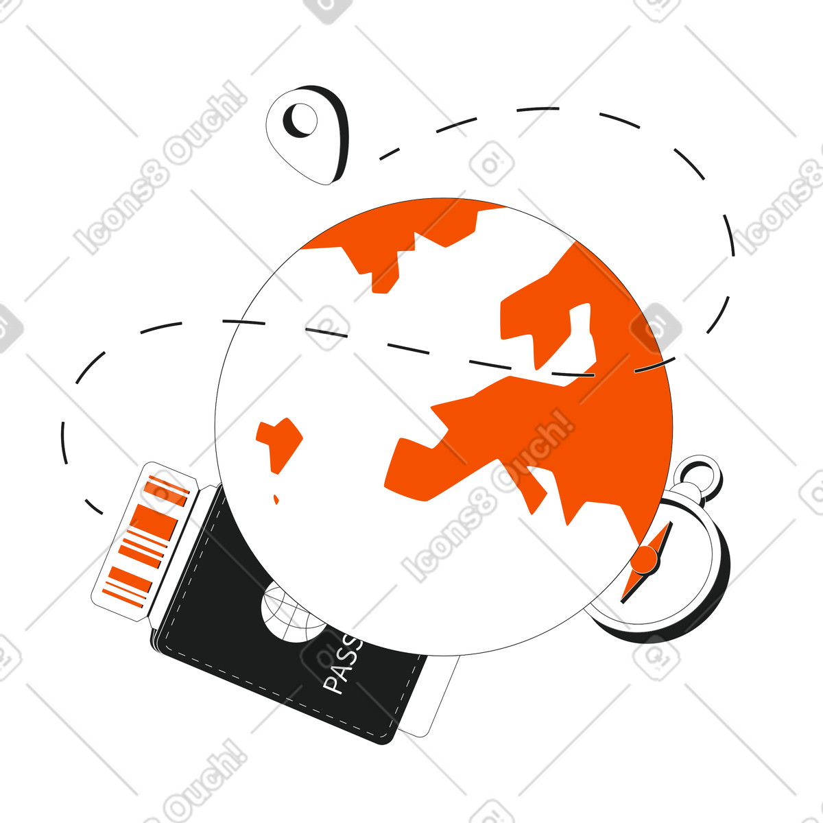 下载 Strict 风格的 Globe with passport and compass, International travel or trip preparation 插画，支持 PNG、SVG 格式