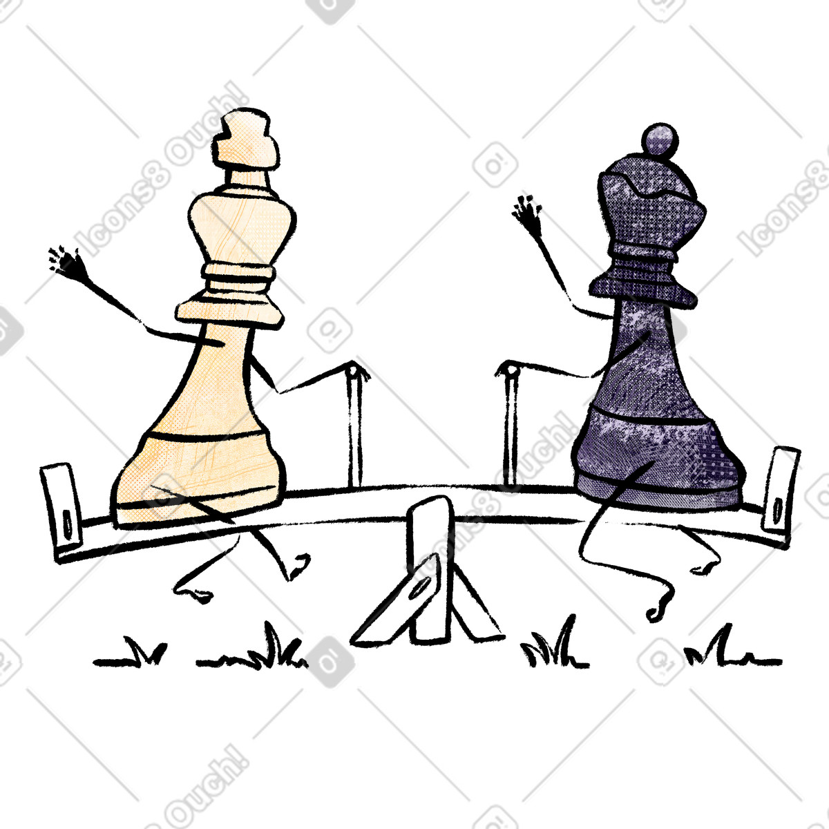 Illustration Roi et reine des échecs en équilibre sur une balançoire dans le style Doobry à télécharger aux formats PNG, SVG