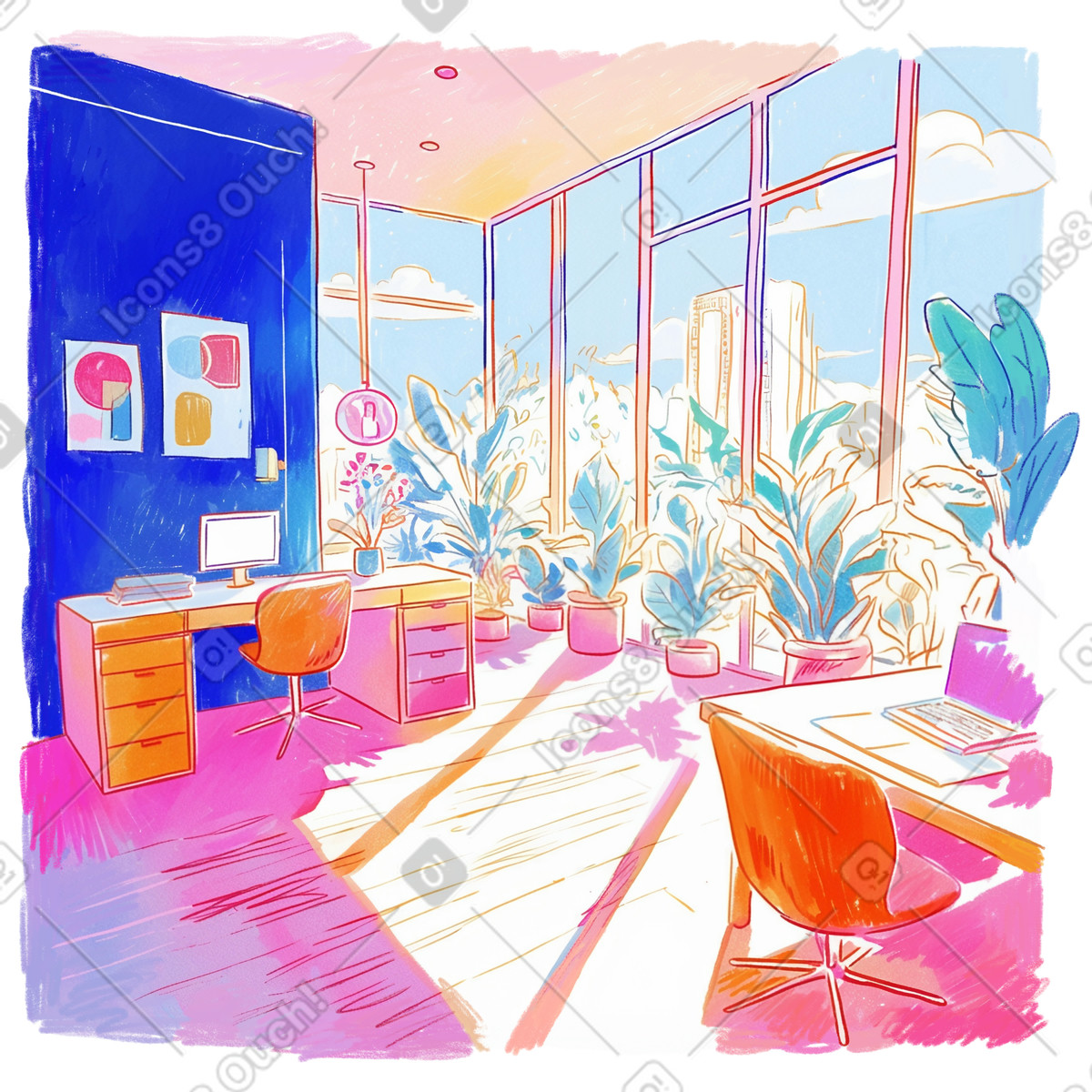 Ilustración Espacio de oficina con computadoras y grandes ventanales. en estilo Fuchsia a descargar en PNG SVG
