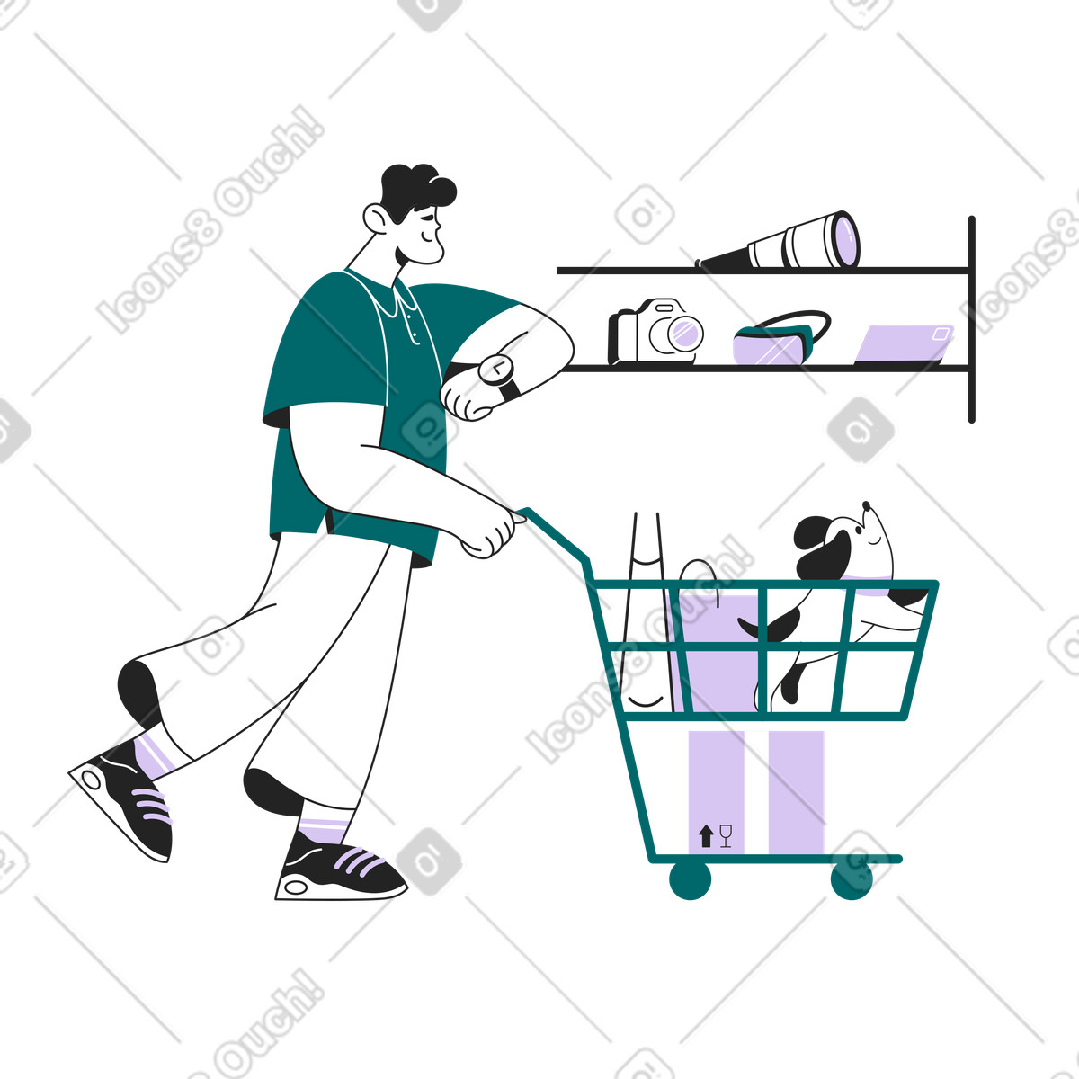 Uomo che guarda l'orologio intelligente mentre fa shopping con il cane nel carrello illustrazione in stile Sammy Line scarica in PNG, SVG