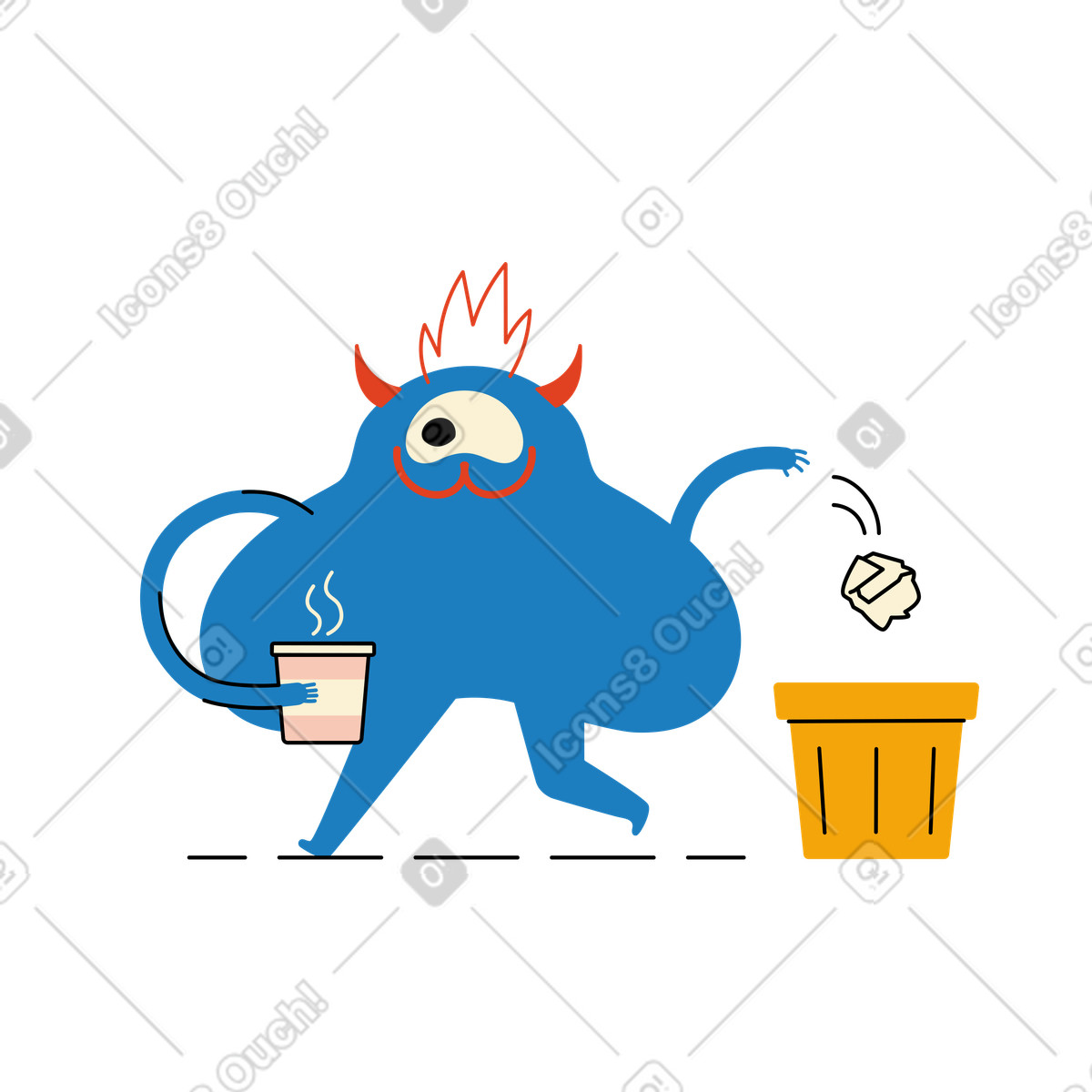 Figur mit coffee to go wirft papierball in mülleimer-Illustration im Jelly-Stil als Download PNG, SVG