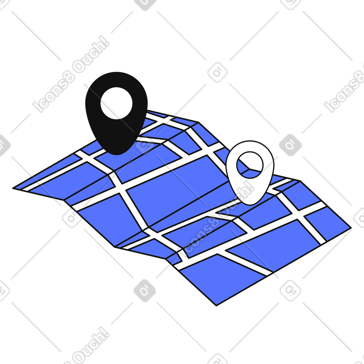 Map navigation route with black and white location pins markers-Illustration im Main-Stil als Download in PNG, SVG