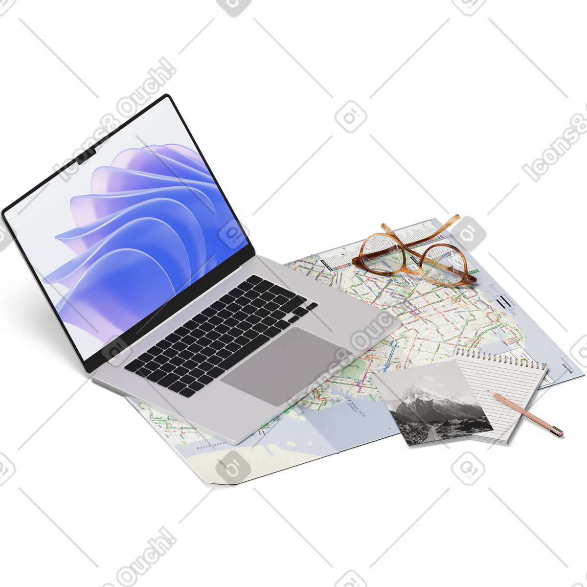 Vista isometrica di mappa, laptop, occhiali, cartolina, matita illustrazione in stile 3D Hygge scarica in PNG, SVG
