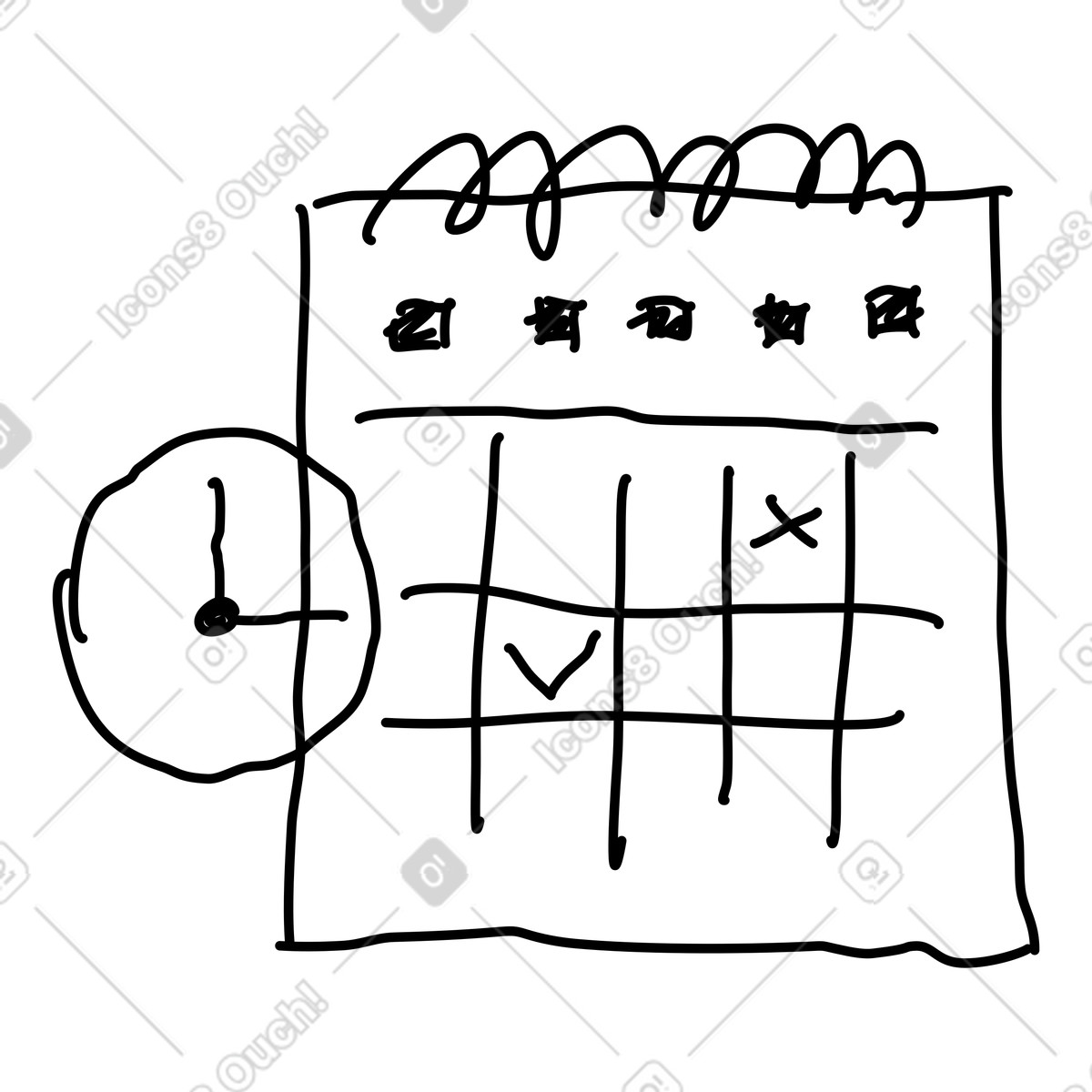下载 Rough Sketch 风格的 Calendar schedule with clock reminder and marked appointment day checkmark 插画，支持 PNG、SVG 格式