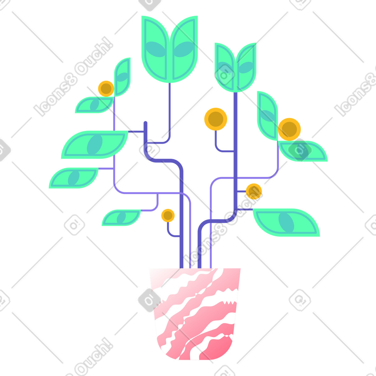 Potted plant with money leaves, financial growth and wealth generation, investment returns and profits illustration in PNG, SVG