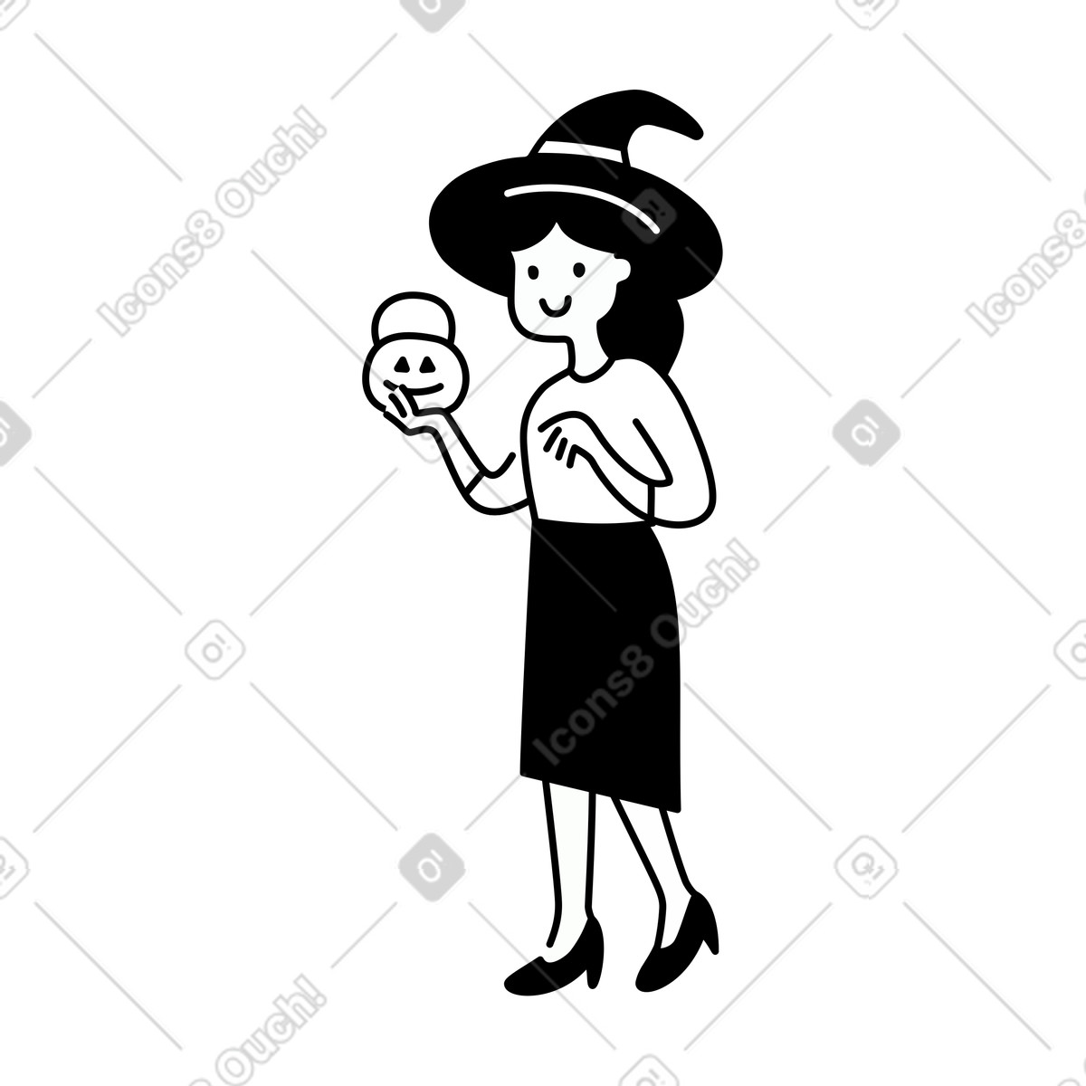 下载 Notion Line Art 风格的 Smiling character in witch hat holding halloween pumpkin for festive decoration 插画，支持 PNG、SVG 格式