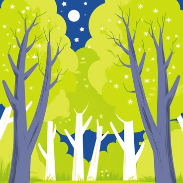 A vibrant forest filled with tall green trees with thick trunks. The leaves of the trees appear to sway gently as if dancing, creating a sense of movement. Above, a night sky is visible through the gaps in the branches, adorned with numerous twinkling stars. The moonlight filters through the leaves, casting soft shadows on the forest floor, enhancing the enchanting atmosphere of the scene.