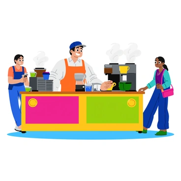 An energetic barista with a big smile is standing behind a colorful street stand, offering free coffee samples. The barista is wearing a bright apron and a stylish cap. The stand is decorated with vibrant banners showcasing various coffee types. A variety of coffee cups, both disposable and reusable, are stacked neatly on the counter. There are different coffee machines with steam rising from them, creating a lively atmosphere. In the background, busy pedestrians are walking by, some stopping to sample the coffee.