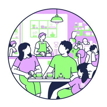 A simple round frame encircles a bustling coffee shop. Inside the frame, several patrons are seated at small tables, each enjoying their drinks. One table features a couple engaged in conversation, with two steaming cups placed in front of them. Nearby, a barista is behind the counter, preparing coffee drinks and displaying a variety of pastries. A group of friends to the right is laughing and sharing a dessert, while a person in the corner is absorbed in reading a book. The walls are decorated with shelves filled with coffee-related items, creating a lively and inviting atmosphere.