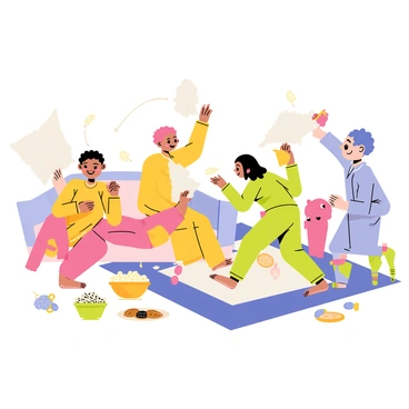 A group of three kids in colorful pajamas are having a pillow fight in a cozy living room. One child is mid-swing with a fluffy white pillow, while another is laughing and ducking away. The third child is attempting to throw a pillow back. Scattered around them are various snacks, including a bowl of popcorn, a plate of cookies, and some candy wrappers. The floor is covered with a colorful blanket, and a few stuffed animals are nearby, adding to the playful atmosphere.