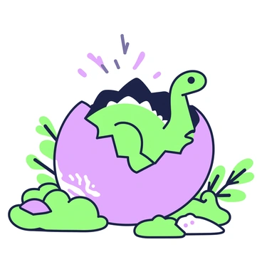 A baby dinosaur is emerging from a cracked prehistoric egg. The egg is large and textured, featuring a rough exterior with broken fragments scattered around it. The baby dinosaur has small, vibrant scales and is partially visible, with its head and tiny arms pushing through the opening. Surrounding the egg are patches of green vegetation, including ferns and low-lying plants typical of a prehistoric environment. A gentle light source casts soft shadows, highlighting the details of the scene.