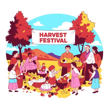 A group of villagers is gathered in a vibrant field during the autumn harvest festival. The scene features a diverse set of villagers, including men and women of various ages, all wearing colorful traditional clothing. Some villagers are joyfully picking ripe fruits and vegetables, while others are filling large woven baskets. In the background, there are tall trees with leaves in shades of red and yellow, and a clear blue sky overhead. A large banner with the words "Harvest Festival" in bold letters is hung between two trees, adding to the festive atmosphere. Several children are playing nearby, collecting fallen leaves and laughing together.