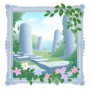 A framed illustration showcases "mysterious ancient ruins" that are partially hidden by "green vines" and "lush foliage." The ruins consist of weathered stone walls and crumbling columns that suggest an ancient civilization. Sunlight filters through the leaves, casting soft shadows on the structures. In the foreground, vibrant wildflowers add bursts of color, creating a contrast against the muted tones of the stone. The frame surrounding the illustration is ornate, complementing the intricate details of the ruins.