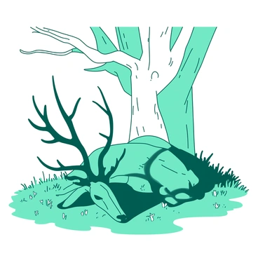 A teal majestic stag lies gracefully on the ground beneath a large, sprawling white tree. Its antlers are grand and elaborately branched, casting intricate shadows on the grass. The stag's eyes are closed softly, suggesting a moment of deep reflection. Surrounding the tree, the grass is lush and green, dotted with small white wildflowers. The atmosphere conveys a sense of peace while the stag's posture indicates a connection to its lost strengths and past glories.