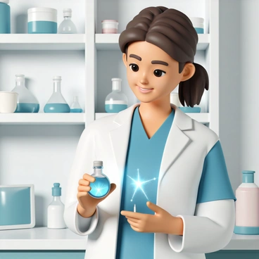 A young nurse, wearing blue scrubs and a white lab coat, is standing in a hospital laboratory. She has shoulder-length brown hair tied back and is smiling gently. In her hands, she is holding a small, round glass vial filled with a glowing blue potion that emits a soft light. The laboratory is equipped with various medical instruments and shelves filled with medical supplies and glass beakers. The nurse looks focused and hopeful as she admires the potion, which appears to shimmer and sparkle in the light of the room.