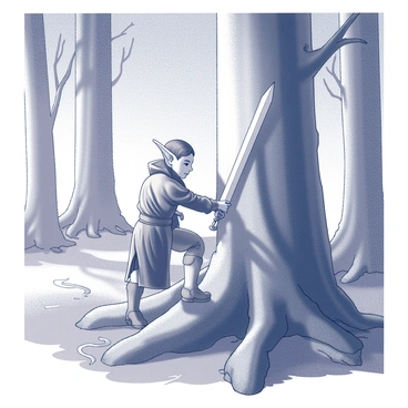 An elf with pointy ears and intricate clothing is pulling a sword from the trunk of a large tree. The elf has an expression of concentration and determination. The sword is ornate, with delicate engravings along the blade. The surrounding forest is dense with tall, ancient trees, their trunks gnarled and thick. Soft light filters through the canopy, casting dappled shadows on the forest floor, which is covered in leaves and underbrush. Wisps of mist snake around the roots of the trees, adding to the enchanted atmosphere.