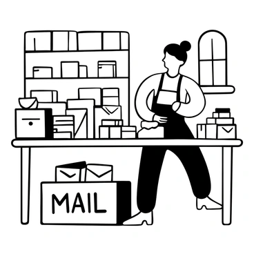 A postal worker with short hair wearing a uniform is sorting letters and packages on a wooden table. The worker is stacking mail into neat piles, while several opened envelopes are scattered around. A large crate labeled "Mail" is positioned nearby, filled with more letters. The setting includes shelves lined with boxes and a large window letting in natural light, highlighting the orderly arrangement of the mail.