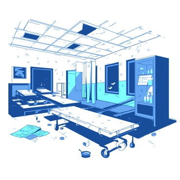 An abandoned hospital wing with cracked white walls and broken windows. The ceiling lights are flickering, casting eerie shadows across the floor. Rusty gurneys are scattered around, and a faded blue curtain hangs limply from a partial divider. In the corner, there are old medical charts and a glass cabinet with dusty, empty bottles. Shadows dance along the walls, suggesting the presence of unseen figures lurking in the dimly lit space.