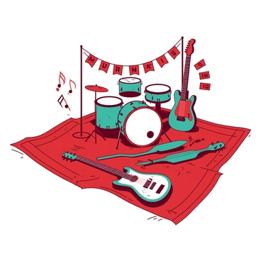 A red tapis is adorned with various musical instruments, prominently featuring a teal drum set and several teal and red guitars laid out in an artistic arrangement. The tapis showcases intricate patterns that resemble musical notes and waveforms, adding to the festive atmosphere. Surrounding the instruments, there are small red banners fluttering, emblazoned with the word "Music" in bold, stylized font. The scene captures the vibrant spirit of a music festival, with the instruments positioned to invite participation and celebration.
