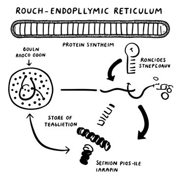 An infographic featuring a detailed diagram of the "rough endoplasmic reticulum" depicted as a series of interconnected membranes. Ribosomes are illustrated as small dots attached to the surface of the rough endoplasmic reticulum. Lines indicate the process of "protein synthesis," showing the pathway of amino acids being assembled into proteins. Arrows guide the viewer through the steps of translation, with labeled stages for clarity. Additional annotations explain the role of the rough endoplasmic reticulum and ribosomes in this cellular function.