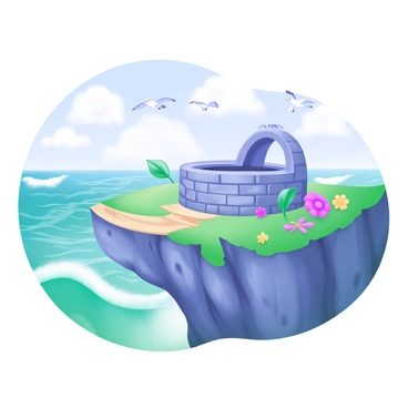 A mysterious well perched on the edge of a rugged sea cliff