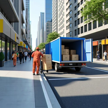 A delivery truck parked on a city street unloading packages