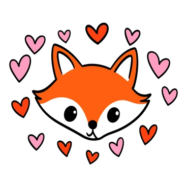 A close-up of a cute fox head with big eyes, featuring orange and white fur. The fox has a small, playful smile and its ears are perked up. Surrounding the fox head are several pink and red hearts of various sizes, representing love and affection. The hearts are placed evenly around the fox, creating a vibrant and cheerful atmosphere.