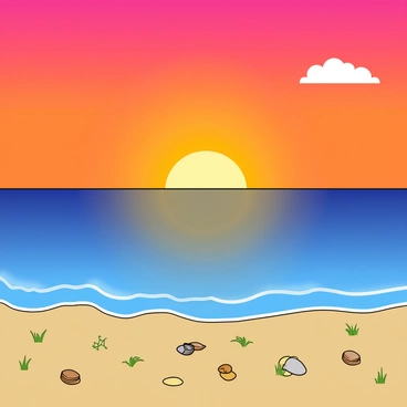 A vibrant sunset with shades of orange, pink, and purple filling the sky. The sun is half-set on the horizon, casting its warm glow over the scene. Below, a calm ocean reflects the colors of the sky, with small waves gently lapping against a sandy shore. Seashells of various shapes and sizes are scattered on the sand, with a few tufts of green grass peeking through. The atmosphere is peaceful, with a single fluffy cloud drifting across the sky.