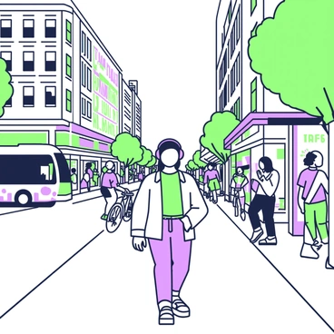 A person is walking along a bustling city street. They are wearing a light jacket and jeans, with headphones on, clearly engaged in listening to ambient urban sounds. The street is crowded with diverse people, some chatting while others are focused on their phones. Various shops line the street, displaying colorful signs and merchandise. A bus is stopping at a nearby bus stop, and cyclists are weaving through the traffic. The buildings on both sides of the street are tall and feature large windows reflecting the activity below.