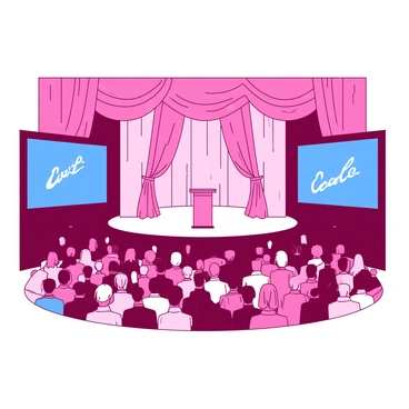 A pink awards ceremony is taking place in a large hall. The stage is elegantly decorated with shimmering curtains and is illuminated by bright lights. On the stage, a podium is placed prominently in the center. Large blue TV screens flank either side of the stage, displaying dynamic graphics and information. A crowd of elegantly dressed attendees fills the seats, eagerly watching the event. The atmosphere is filled with excitement and anticipation.