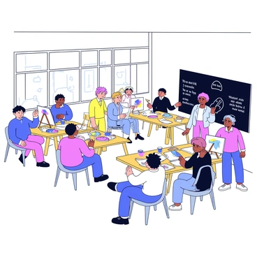 A shared studio space with bright white walls and large windows letting in natural light. Various easels are set up around the room, some with half-finished canvases featuring colorful abstract designs. Groups of artists, both men and women, are sitting at tables and standing near their easels, engaged in conversation and sharing ideas. Some artists are painting, while others are sketching or discussing their work. Scattered art supplies such as paint tubes, brushes, and sketchbooks are visible on the tables. A large chalkboard on one wall displays inspirational quotes and sketches.