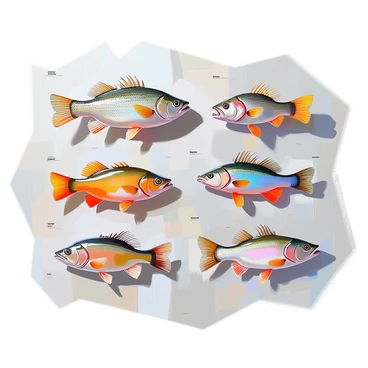 A detailed chart displaying various species of common freshwater fish, each accompanied by their scientific names and distinctive characteristics. The chart includes illustrations of a "largemouth bass," which is characterized by its large mouth and greenish color; a "bluegill," noted for its round shape and vibrant blue patches; a "rainbow trout," recognized by its colorful markings and sleek body; and a "catfish," featuring a broad head and whisker-like barbels. Each fish is labeled clearly with its name and scientific classification, arranged in a visually appealing layout on a textured background, enhancing the educational aspect of the chart.