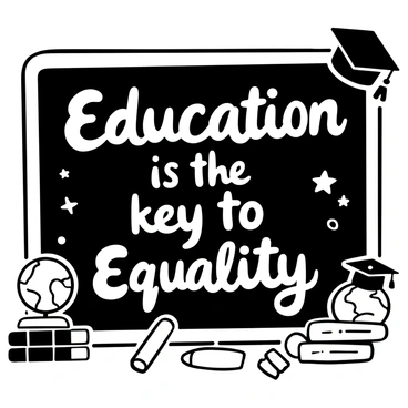 The words "Education is the key to equality" written in bold, flowing script on a chalkboard. The chalkboard is surrounded by various educational tools including stacked books, a globe, and a piece of chalk lying nearby. There are doodles of stars and a graduation cap in the corners of the chalkboard, adding a decorative touch to the overall composition.